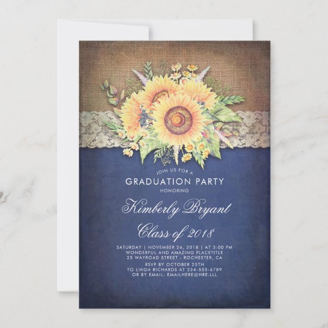 Invitation Burlap Dentelle Tournesol Navy Rustic Graduation P (Devant)