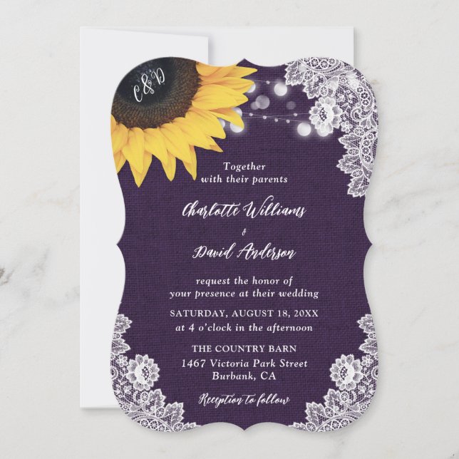 Invitation Burlap Dentelle Tournesol violet mariage Invitatio (Devant)
