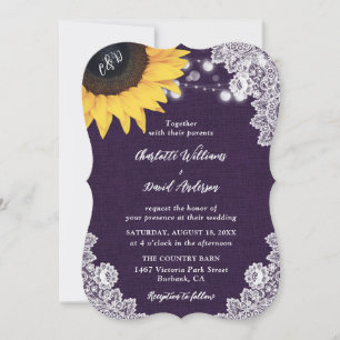 Invitation Burlap Dentelle Tournesol violet mariage Invitatio