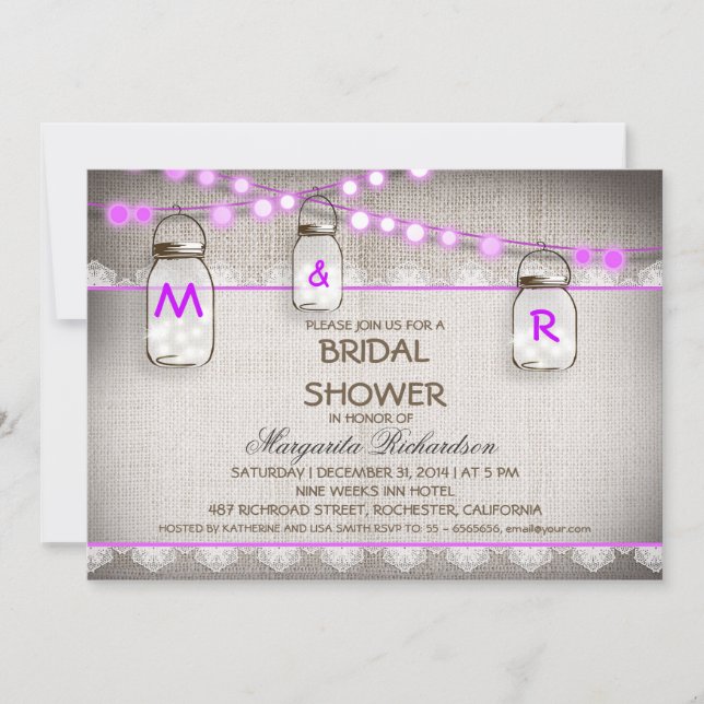 Invitation burlap et bocaux de mason violet douche nuptiale (Devant)