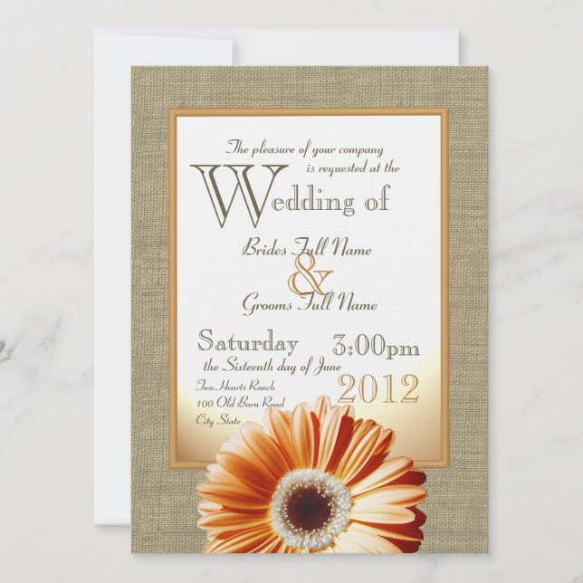 Invitation Burlap et Bow Orange Gerbera Daisy Mariage (Devant)