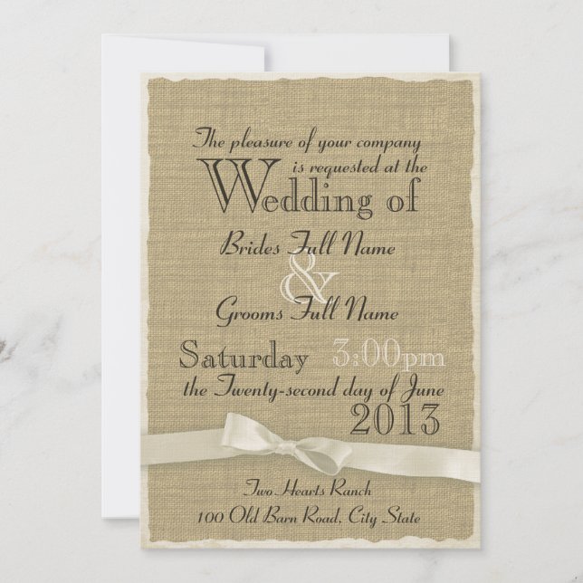 Invitation Burlap et Bow Rustic Mariage Lite (Devant)