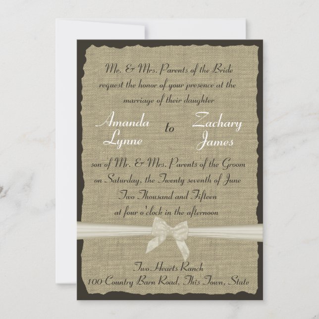 Invitation Burlap et Bow rustiques (Devant)