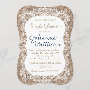 Invitation Burlap et dentelle Fête des mariées Kaki Navy