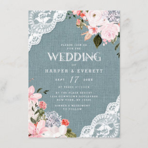 Invitation Burlap et dentelle Rustique Dusty Blue Floral Mari