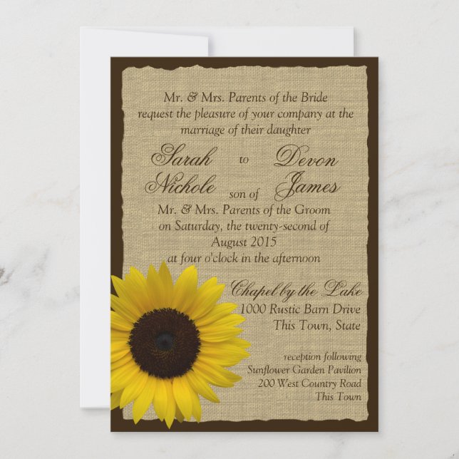Invitation Burlap et Mariage de tournesol (Devant)