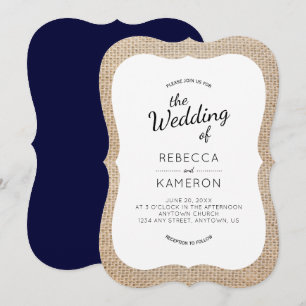 Invitation Burlap et Navy Blue Bracket Frame Wedding Invitati