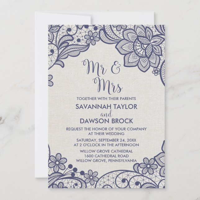 Invitation Burlap et Navy Lace | Floral M. et Mme Mariage (Devant)