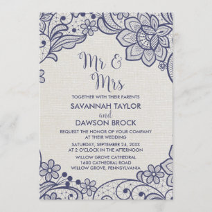 Invitation Burlap et Navy Lace   Floral M. et Mme Mariage
