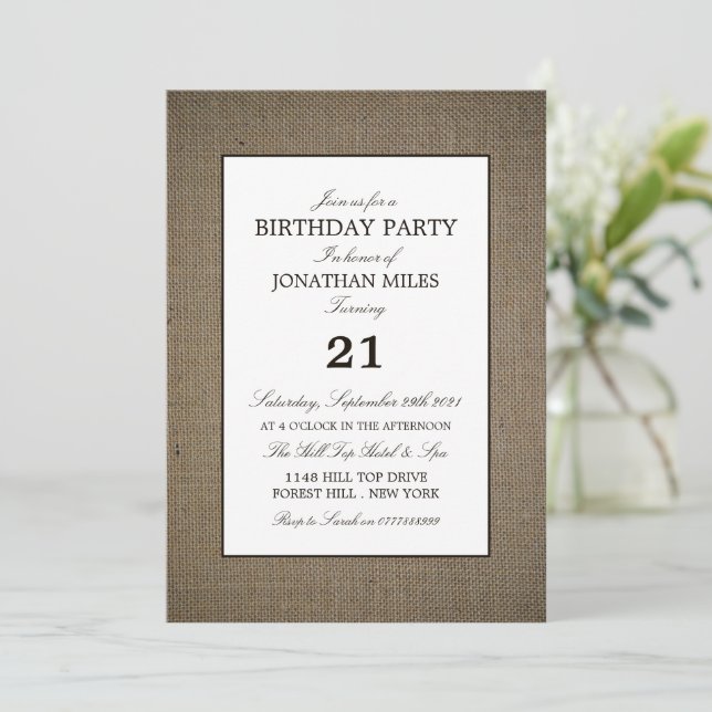 Invitation Burlap et Wood, Anniversaire Russe (Debout devant)