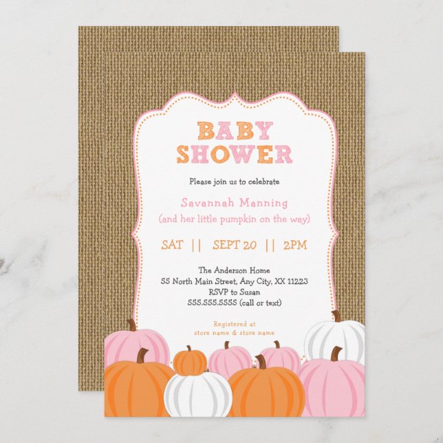 Invitation Burlap Girl Orange Citrouille baby shower invitati (Devant / Derrière)