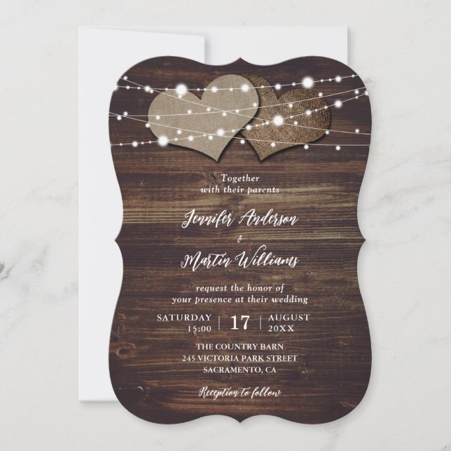 Invitation Burlap Hearts Éclairages à cordes Mariage en bois  (Devant)