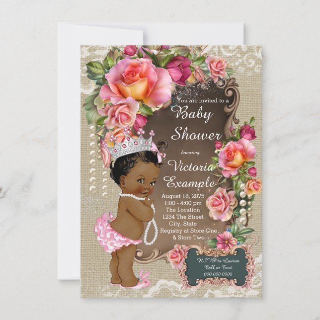 Invitation Burlap Lace Pearl Ethnic Princess Baby shower (Devant)