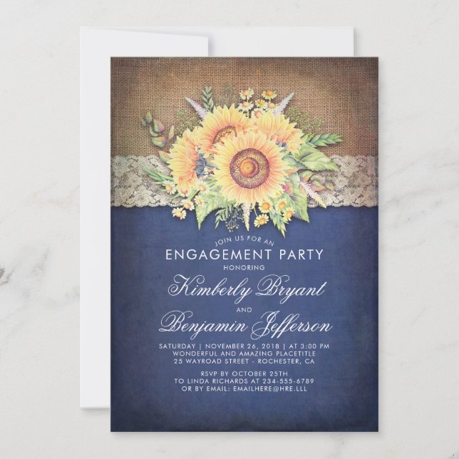Invitation Burlap Lace Tournesol Navy Russe Engagement Party (Devant)