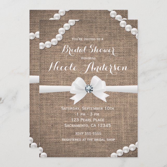 Invitation Burlap & Pearl Rustic Glamor Fête des mariées (Devant / Derrière)