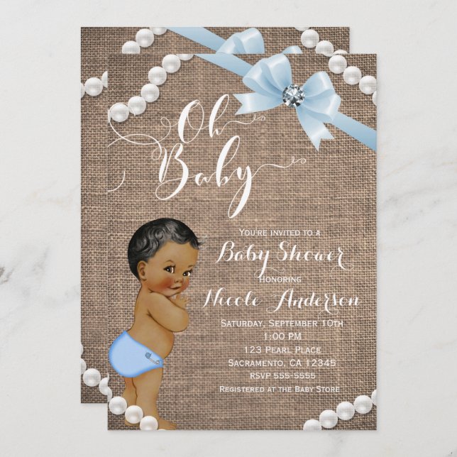 Invitation Burlap & Pearls Blue Bow Ethnic Baby Boy Douche (Devant / Derrière)