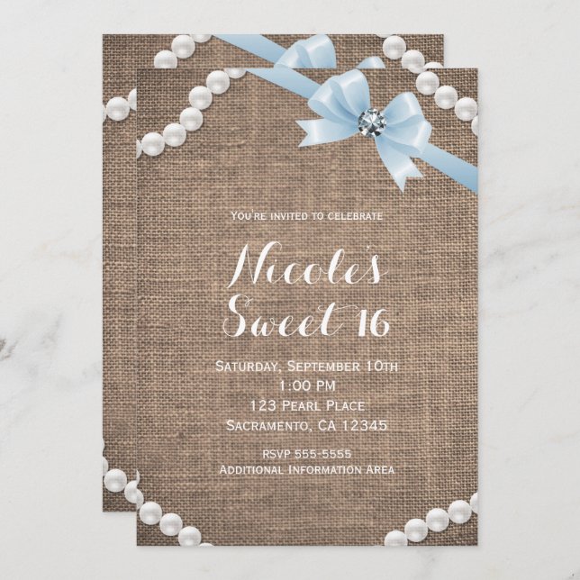 Invitation Burlap & Pearls Blue Bow Glamor Sweet 16 Party (Devant / Derrière)