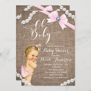 Invitation Burlap & Pearls Pink Bow Blonde Baby Girl Douche