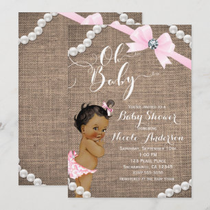 Invitation Burlap & Pearls Pink Bow Ethnic Girl Baby shower