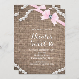 Invitation Burlap & Pearls Pink Bow Glamor Sweet 16 Party
