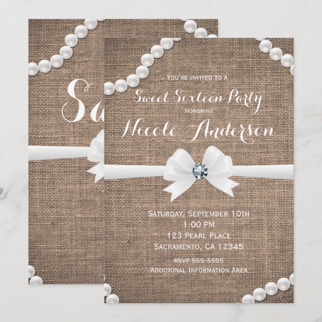 Invitation Burlap & Pearls Rustic Glamor Sweet 16 Party (Devant / Derrière)