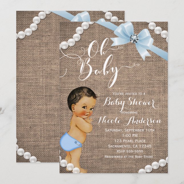 Invitation Burlap & Perles Boule Bleue Brunette Baby shower T (Devant / Derrière)