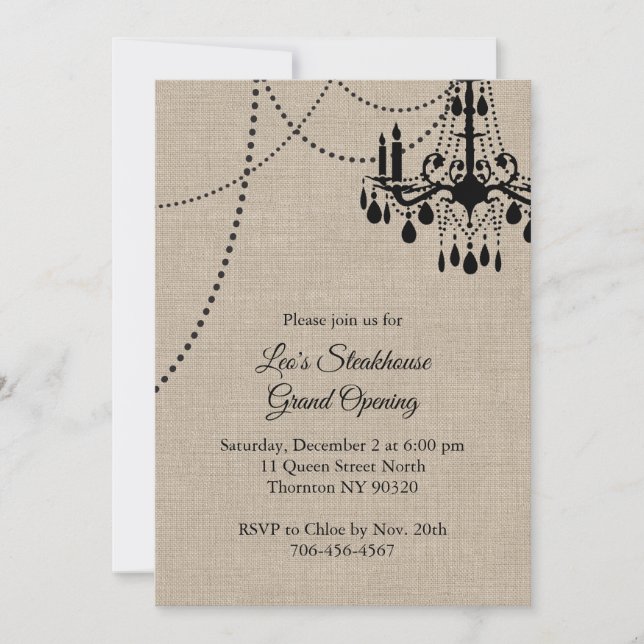 Invitation Burlap Restaurant Grand Ouverture avec lustre (Devant)