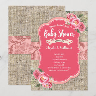 Invitation Burlap Rose Aquarelle Fleurs Baby shower fille