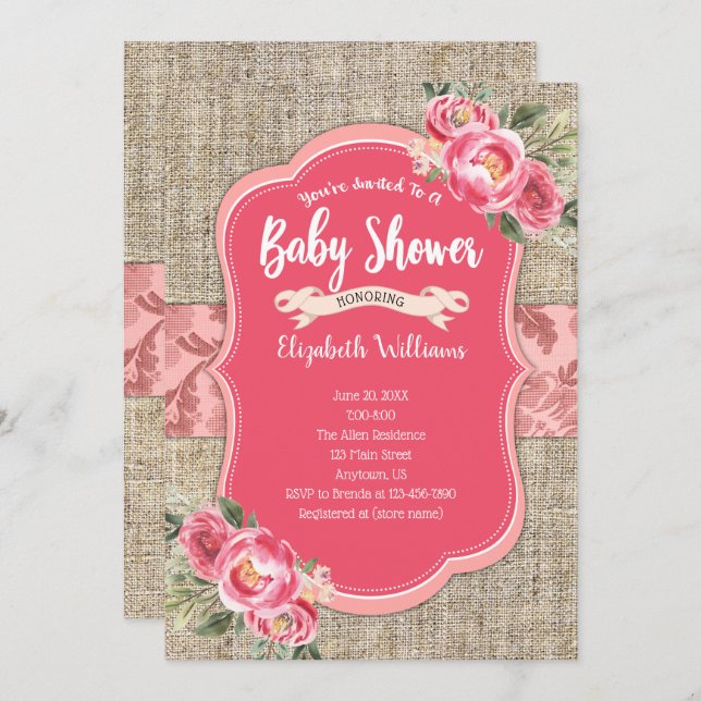 Invitation Burlap Rose Aquarelle Fleurs Baby shower fille (Devant / Derrière)
