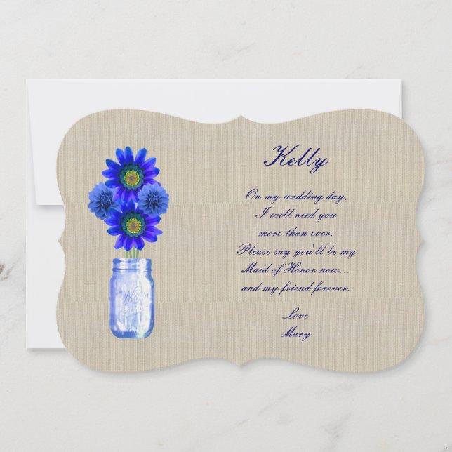 Invitation Burlap Rustic Blue Mason Jar Maid Of Honor Card (Devant)