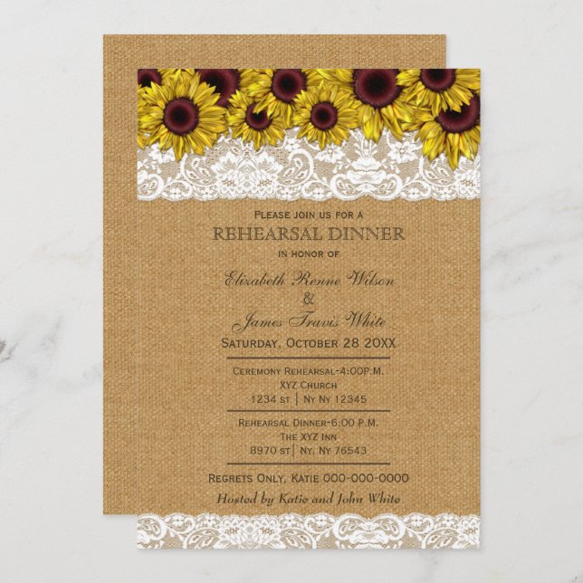 Invitation Burlap Rustic Tournesol répétition dîner invitatio (Devant / Derrière)