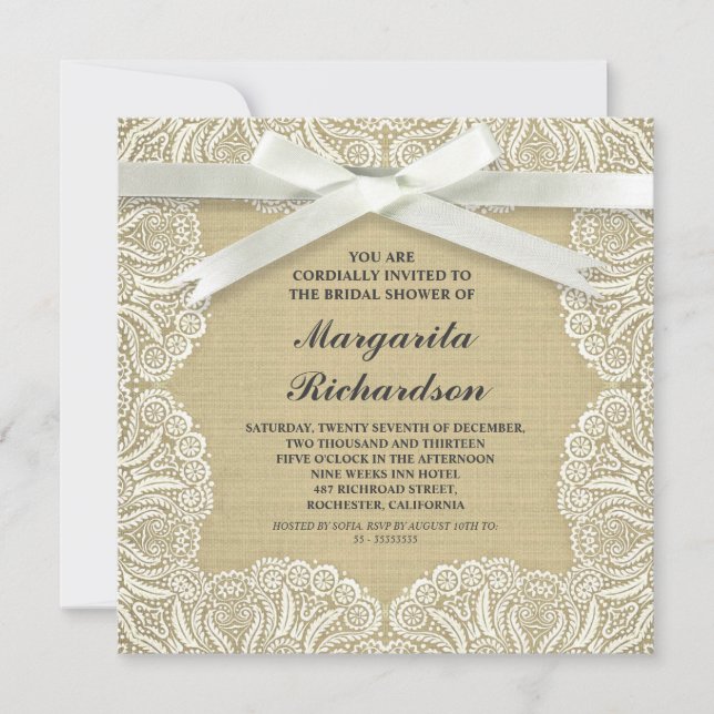 Invitation burlap rustique blanc dentelle & arc bridalshower  (Devant)