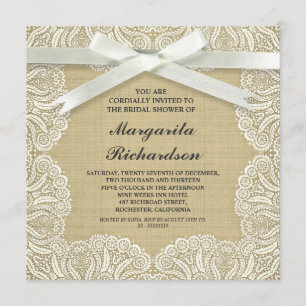 Invitation burlap rustique blanc dentelle & arc bridalshower