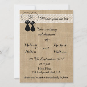 Invitation Burlap rustique drôles chats en amour mariage