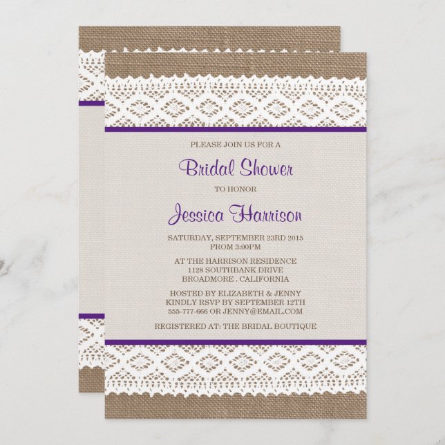 Invitation Burlap rustique et Fête des mariées en dentelle bl (Devant / Derrière)
