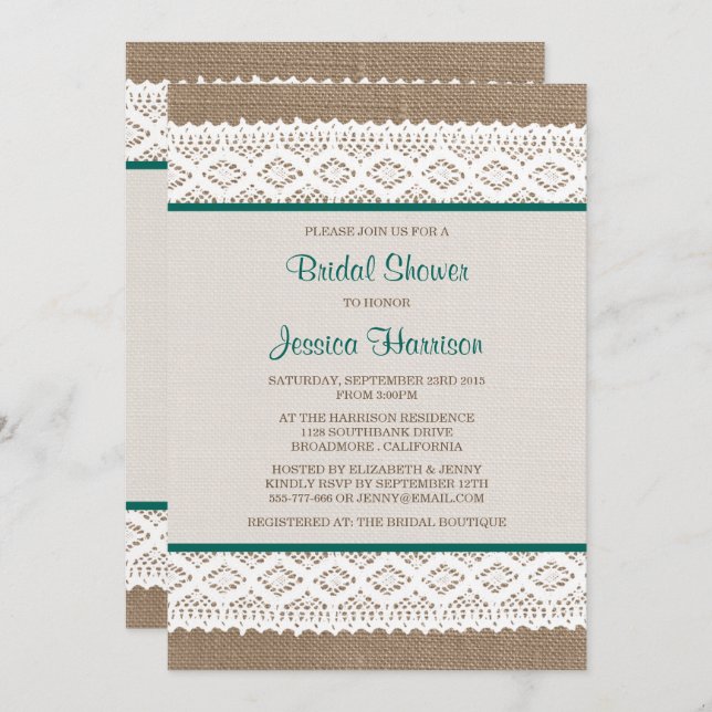 Invitation Burlap rustique et Fête des mariées en dentelle bl (Devant / Derrière)