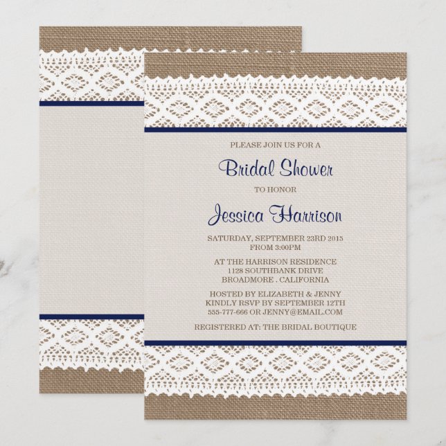 Invitation Burlap rustique et Fête des mariées en dentelle bl (Devant / Derrière)