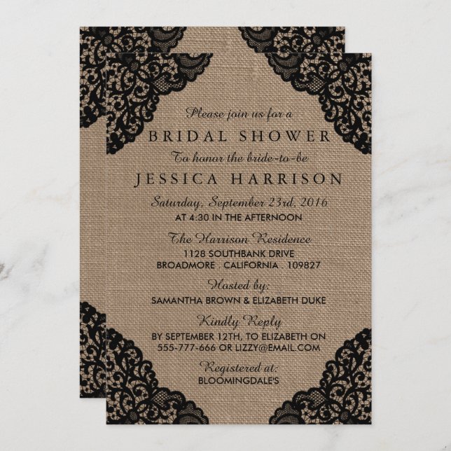 Invitation Burlap rustique et Fête des mariées en dentelle no (Devant / Derrière)