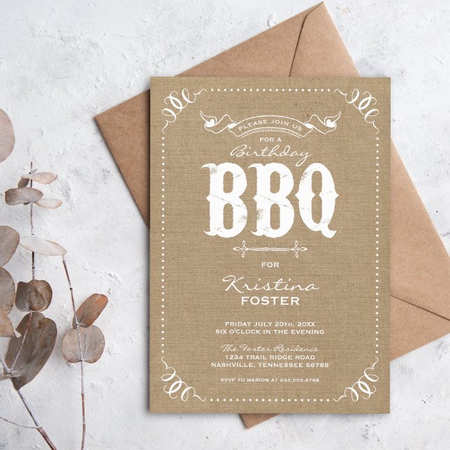 Invitation Burlap Rustique Vintage Chic fête d'anniversaire B (Créateur téléchargé)
