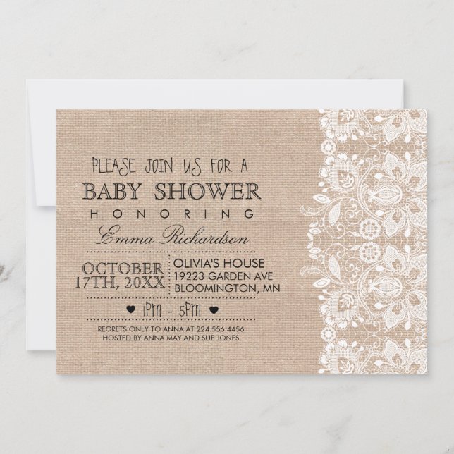 Invitation Burlap & Vintage Lace Baby shower (Devant)