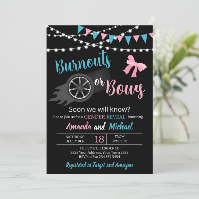 Invitation Burnouts or bows Gender Reveal Party (Debout devant)