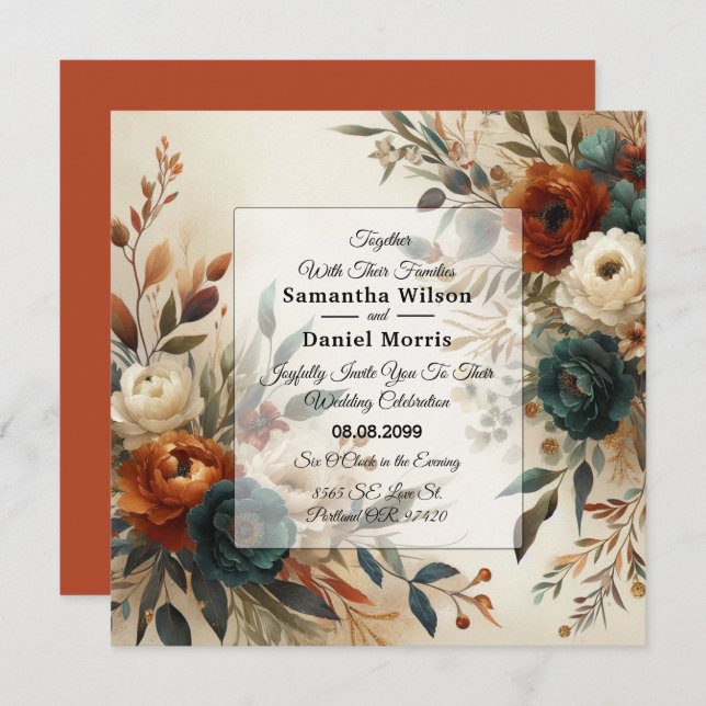 Invitation Burnt Orange and Blue Fall Flowers Wedding (Devant / Derrière)