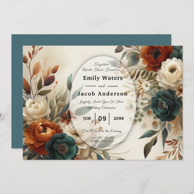 Invitation Burnt Orange and Blue Fall Flowers Wedding  (Devant / Derrière)