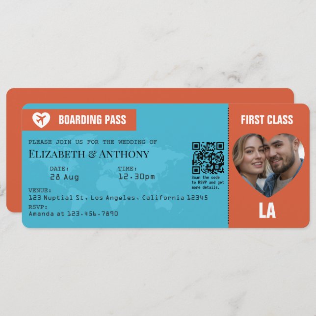 Invitation Burnt Orange & Aqua Blue Boarding Pass Wedding (Devant / Derrière)