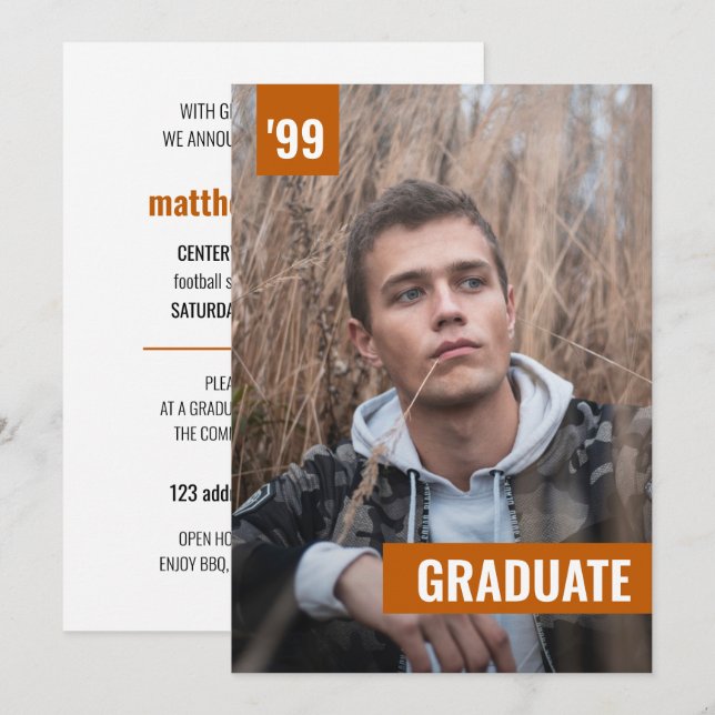 Invitation Burnt Orange Bold & Modern Photo Graduation (Devant / Derrière)