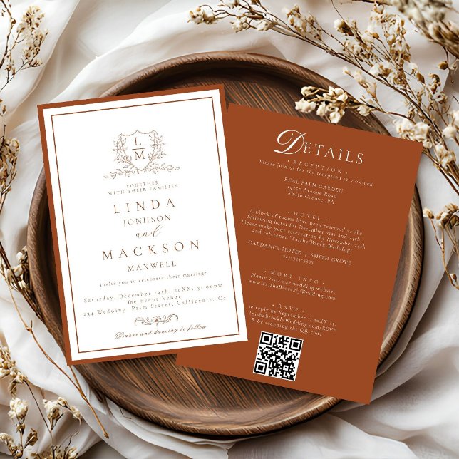 Invitation Burnt Orange botanical crest All in one wedding  (Créateur téléchargé)