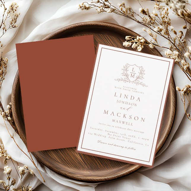 Invitation Burnt Orange botanical crest monogram wedding (Créateur téléchargé)
