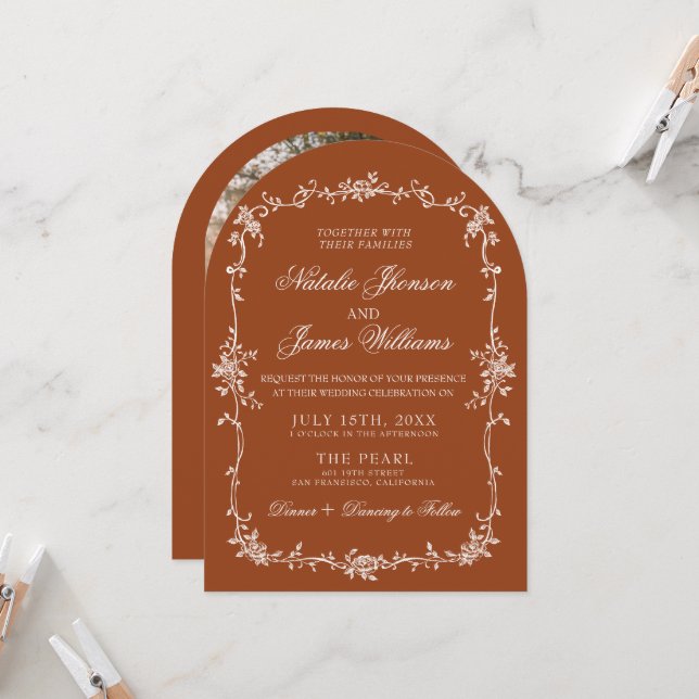 Invitation Burnt Orange Floral Boho Terracotta Arched Wedding (Devant/Arrière en situation)