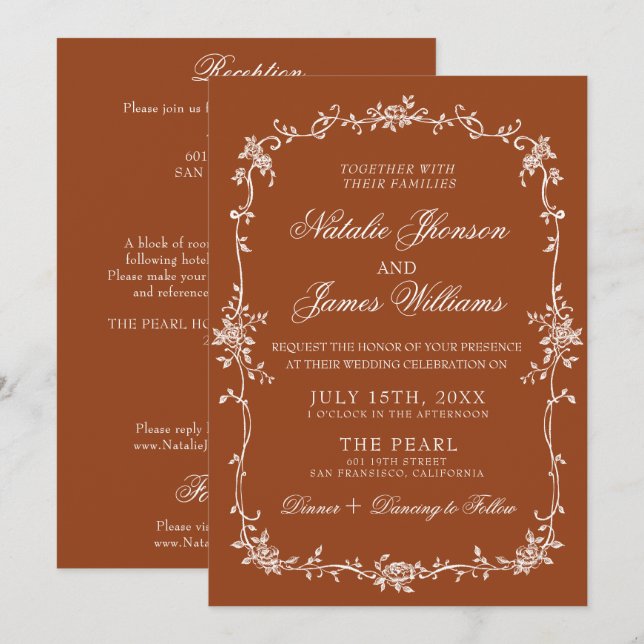Invitation Burnt Orange Floral Terracotta All In One Wedding (Devant / Derrière)