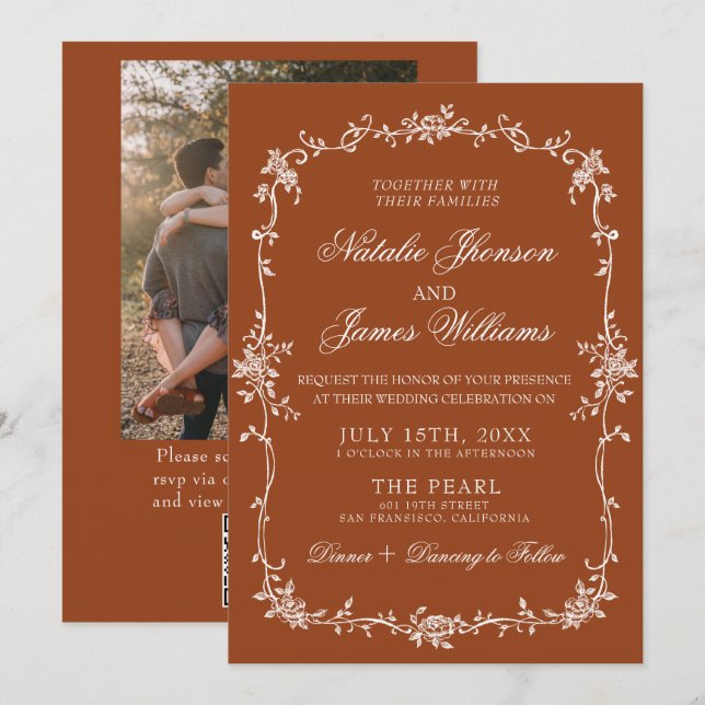 Invitation Burnt Orange Floral Terracotta QR Code Wedding (Devant / Derrière)